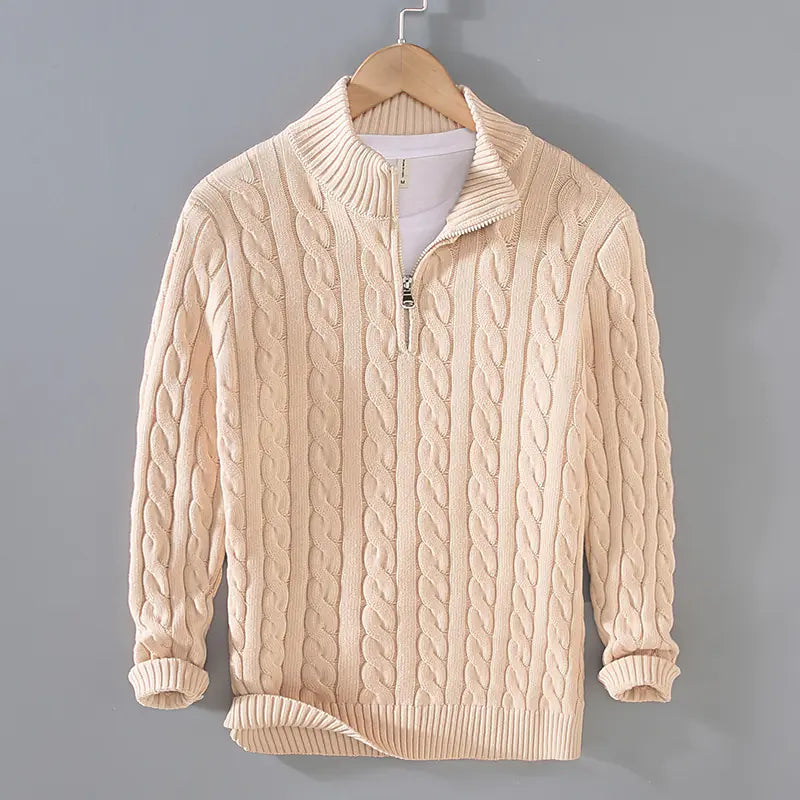 Thick Knit Zipper Sweater with Half Turtleneck