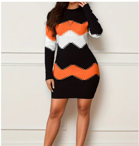 Printed Knitted Mid-Length Long Sleeve Dress