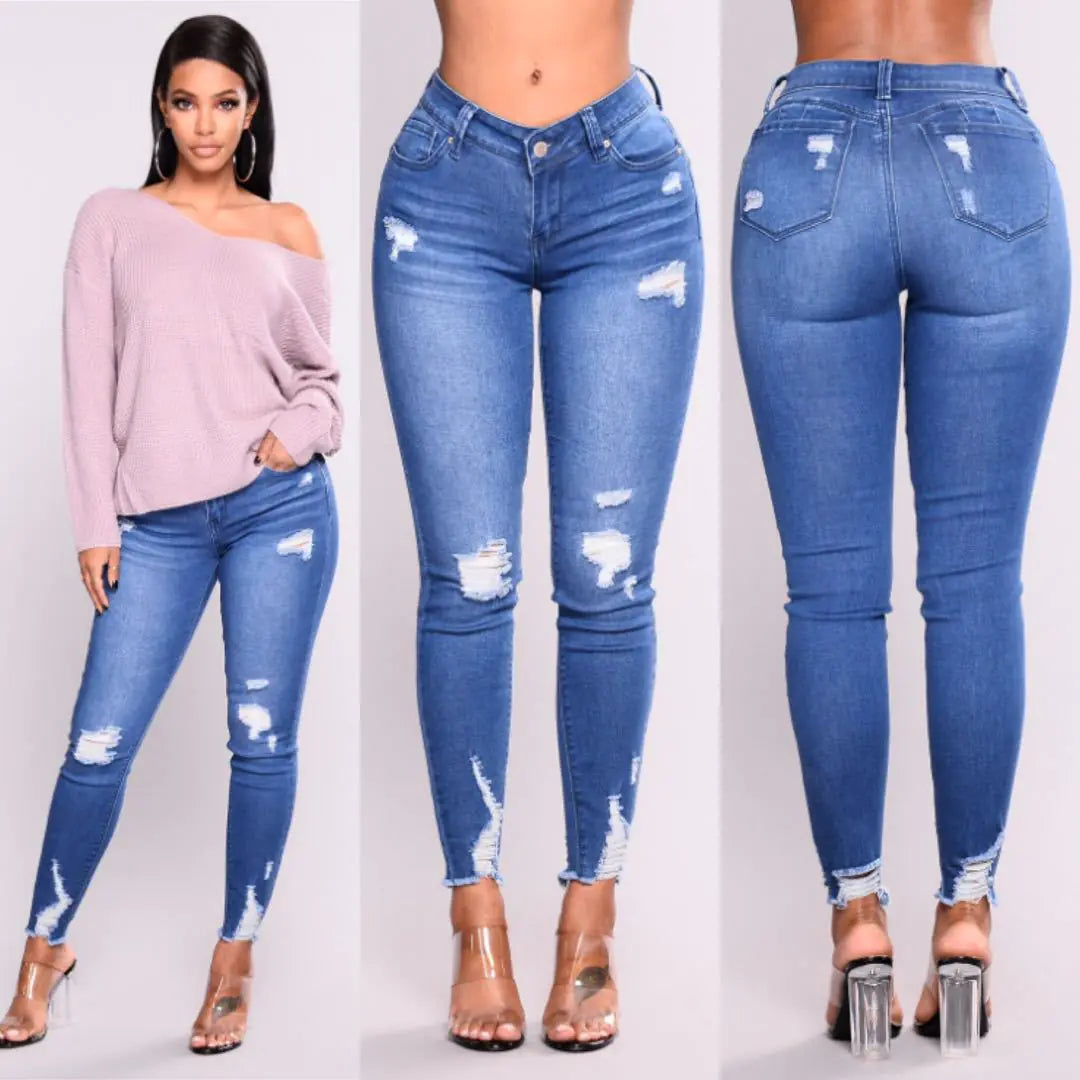 High-Waist Skinny Ripped Jeans