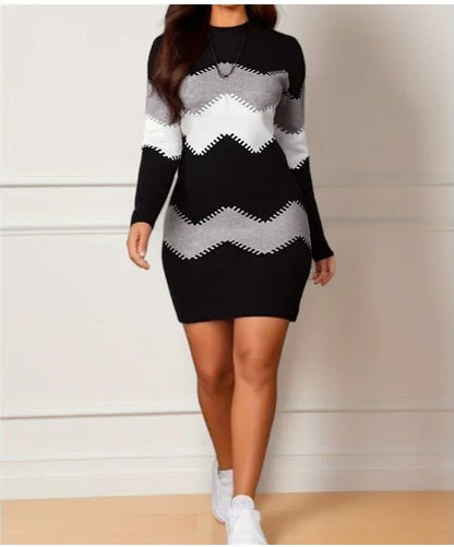 Printed Knitted Mid-Length Long Sleeve Dress