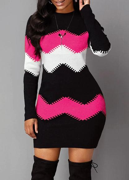 Printed Knitted Mid-Length Long Sleeve Dress