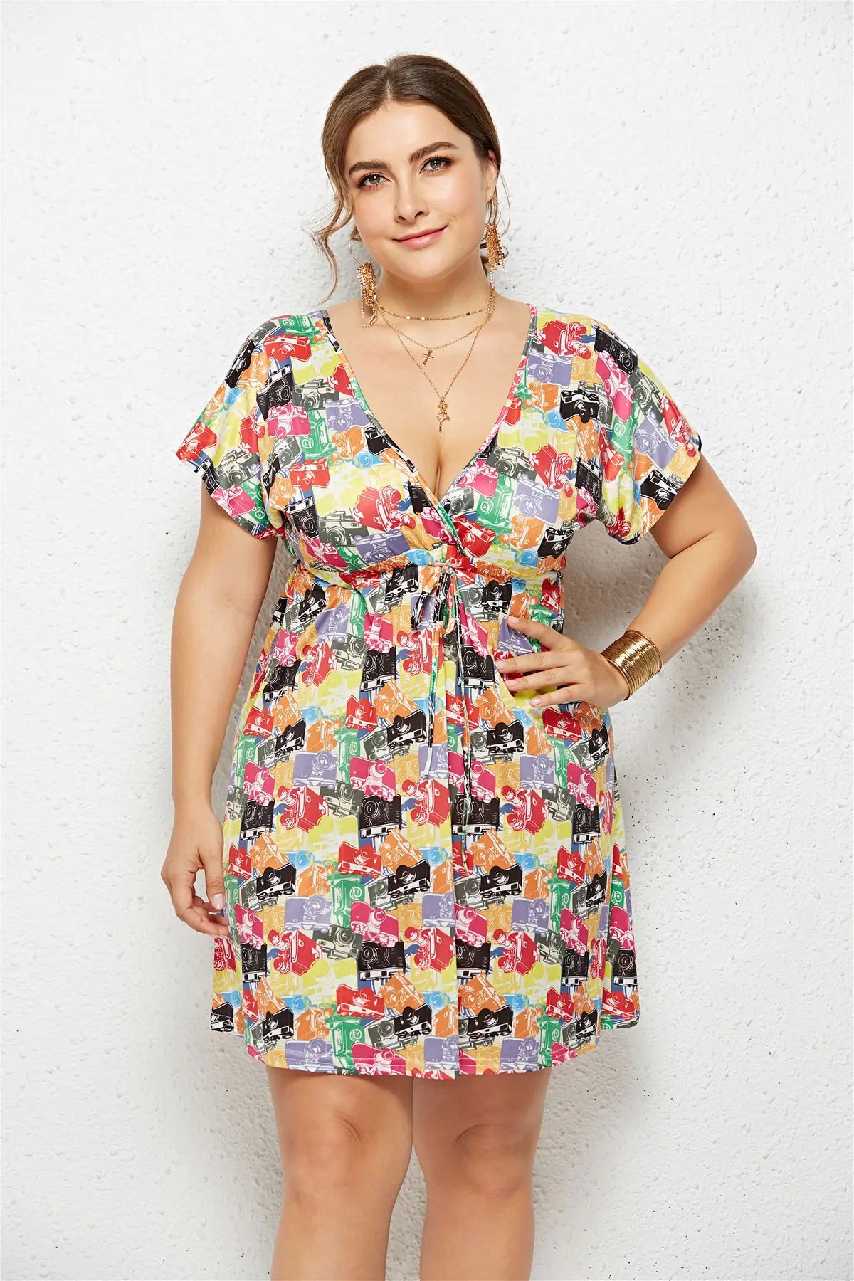 V-Neck Elastic Waist Printed Dress