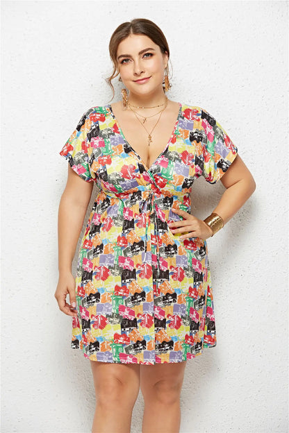 V-Neck Elastic Waist Printed Dress