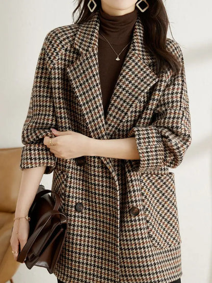 Retro Double-Breasted Wool Plaid Blazer