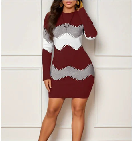 Printed Knitted Mid-Length Long Sleeve Dress