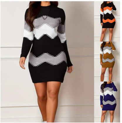 Printed Knitted Mid-Length Long Sleeve Dress