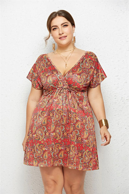 V-Neck Elastic Waist Printed Dress