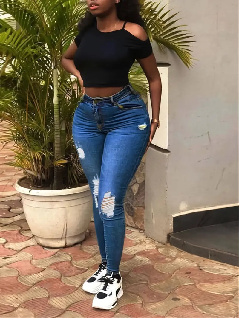 Ripped High Rise Skinny Leg Jeans