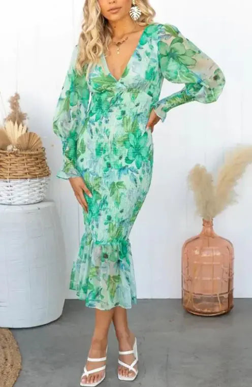 Long Sleeve V-Neck Flared Skirt Dress with Elastic Waist
