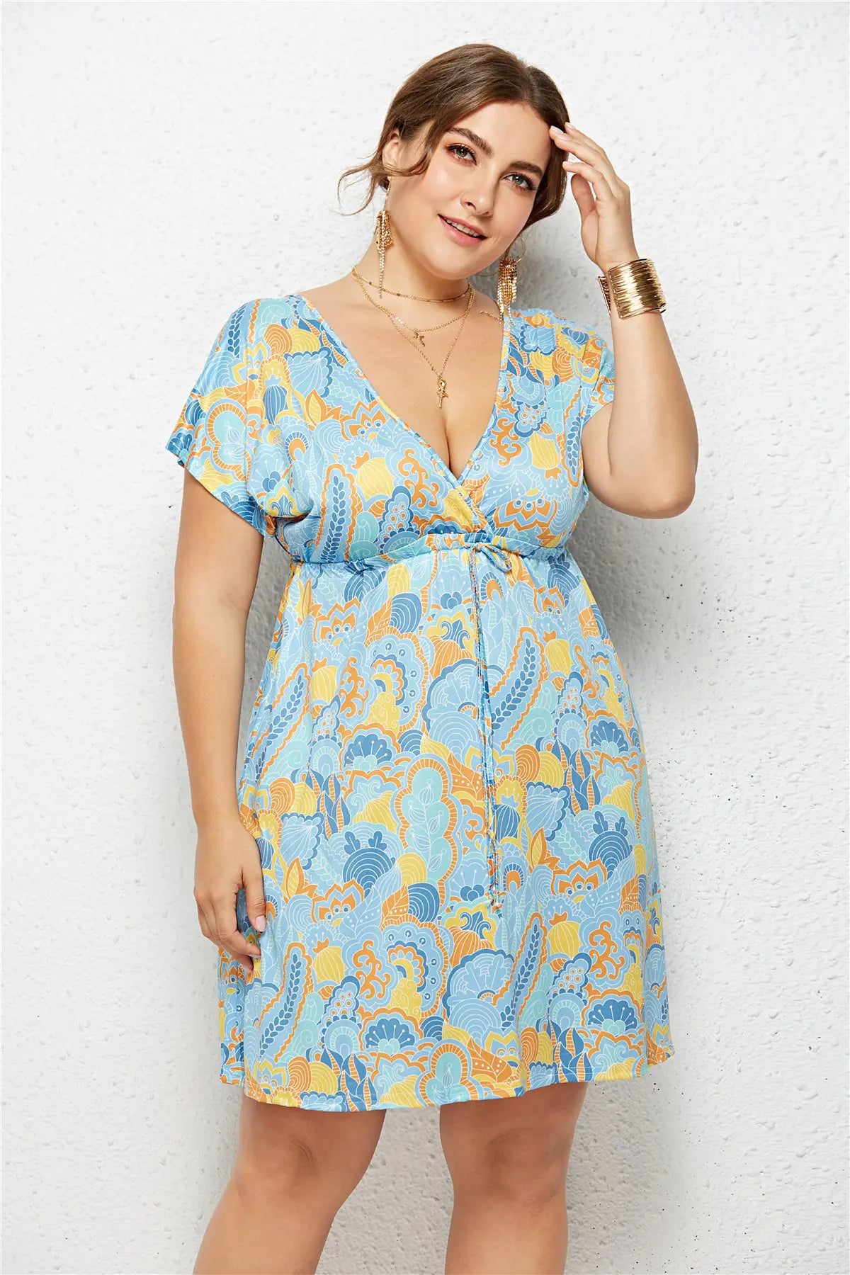 V-Neck Elastic Waist Printed Dress